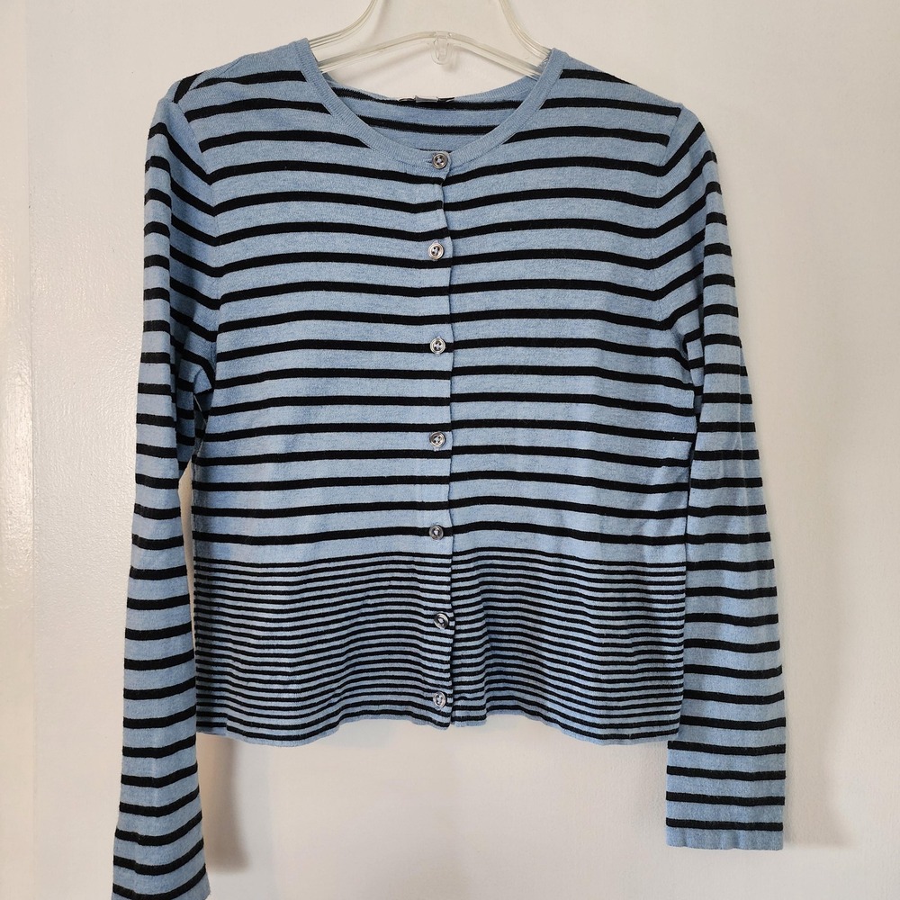 J Jill Womens XS Striped Button Up Cardigan Sweater Blue Crew Neck Cotton Blend